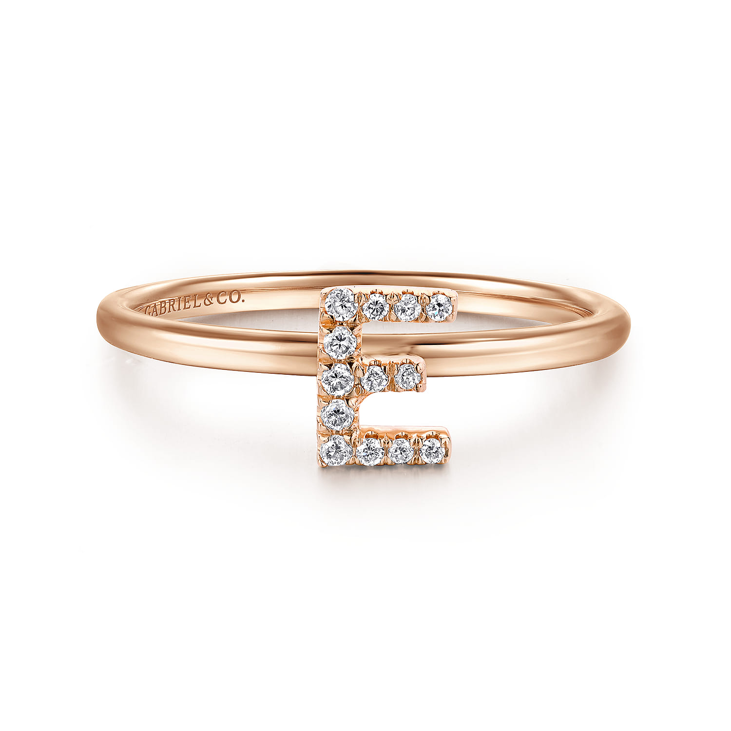 14K Rose Gold Pave Diamond Uppercase E Initial Ring - 0.06 ct - Shot 1