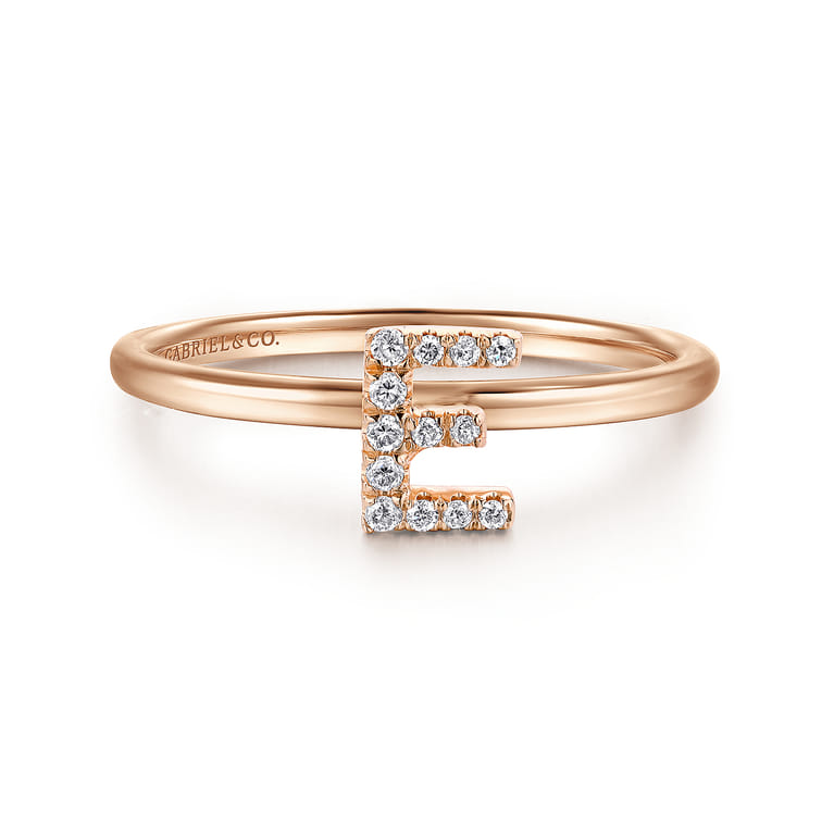 14K Rose Gold Pave Diamond Uppercase E Initial Ring - 0.06 ct - Shot 1