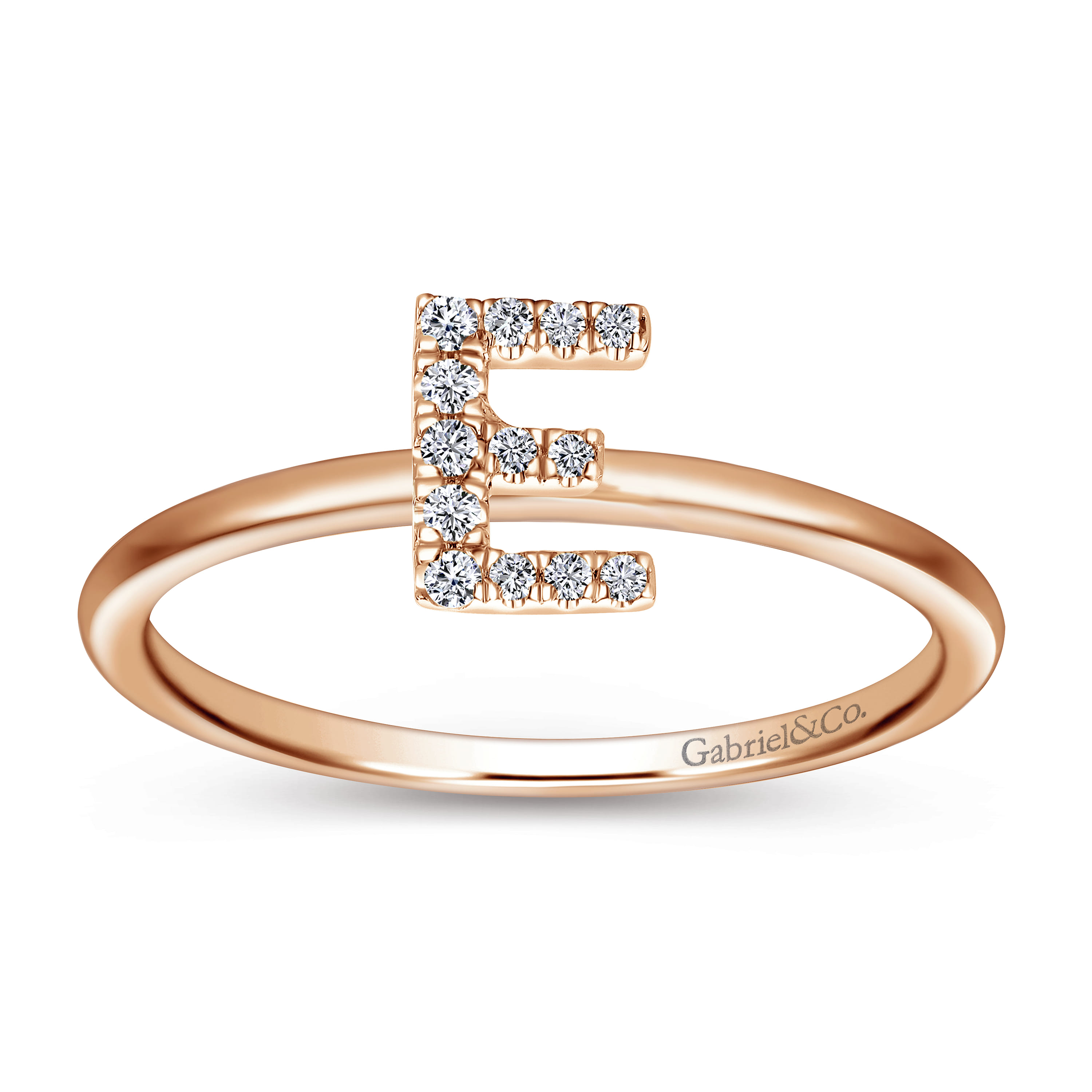 14K Rose Gold Pave Diamond Uppercase E Initial Ring - 0.06 ct - Shot 4