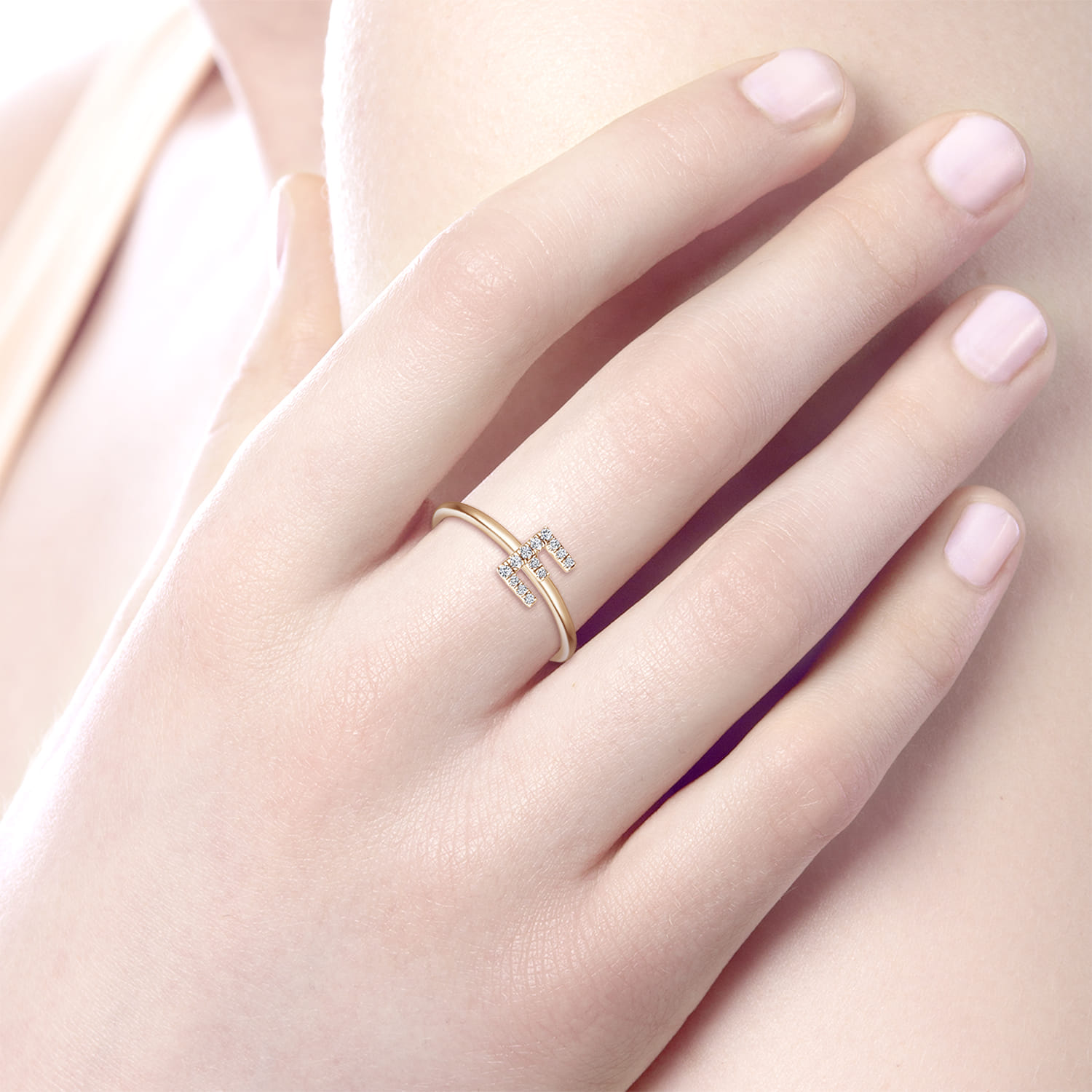 14K Rose Gold Pave Diamond Uppercase E Initial Ring - 0.06 ct - Shot 5