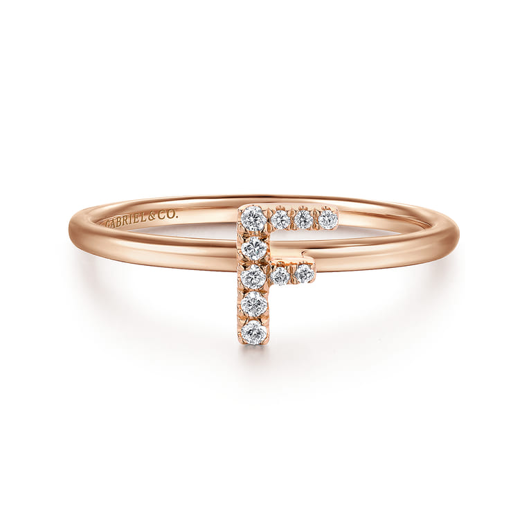 14K Rose Gold Pave Diamond Uppercase F Initial Ring - 0.05 ct - Shot 1