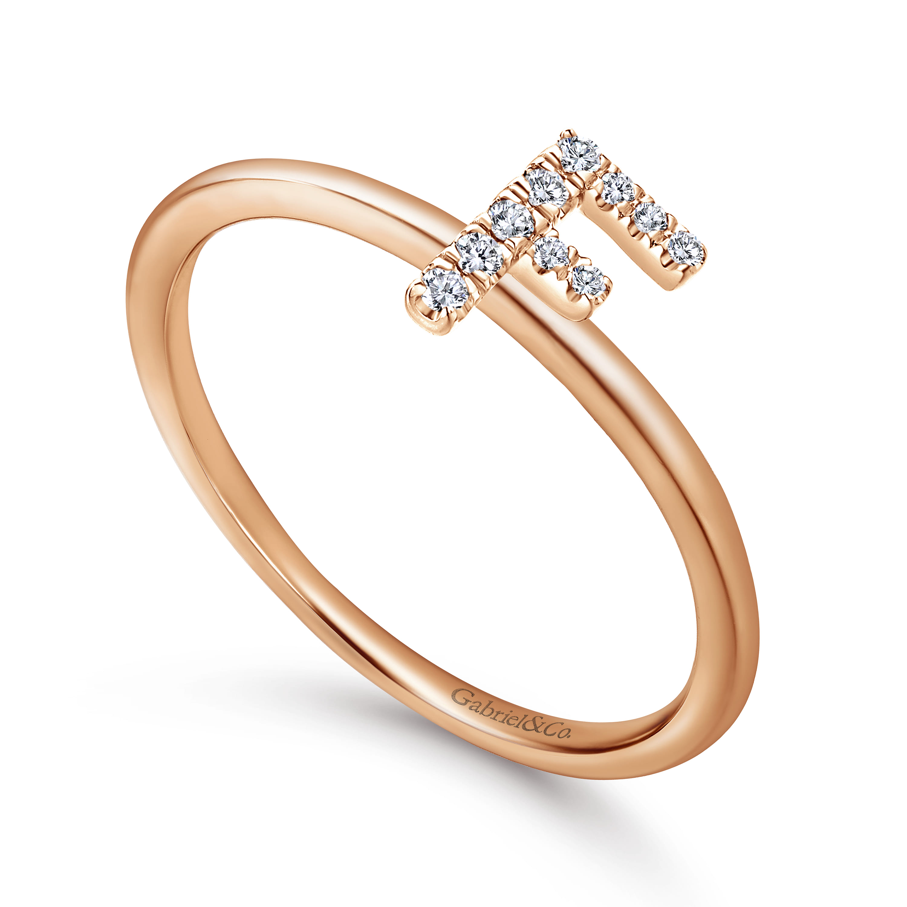 14K Rose Gold Pave Diamond Uppercase F Initial Ring - 0.05 ct - Shot 3