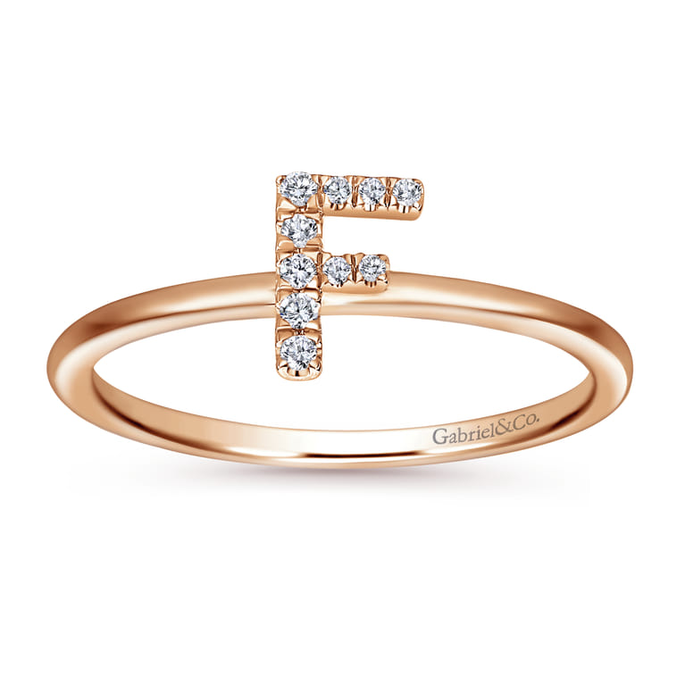 14K Rose Gold Pave Diamond Uppercase F Initial Ring - 0.05 ct - Shot 4