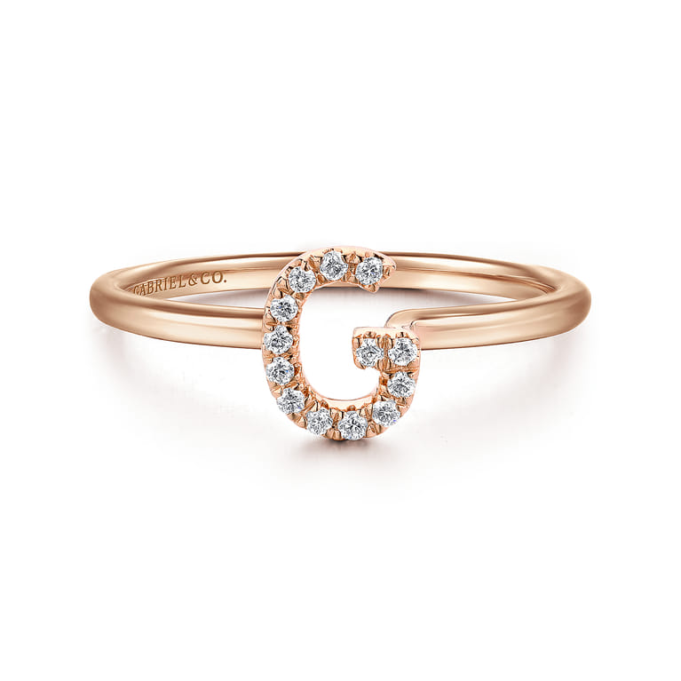 14K Rose Gold Pave Diamond Uppercase G Initial Ring - 0.07 ct - Shot 1