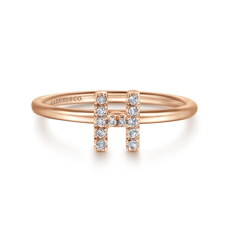 14K Rose Gold Pave Diamond Uppercase H Initial Ring - 0.07 ct - Shot 1