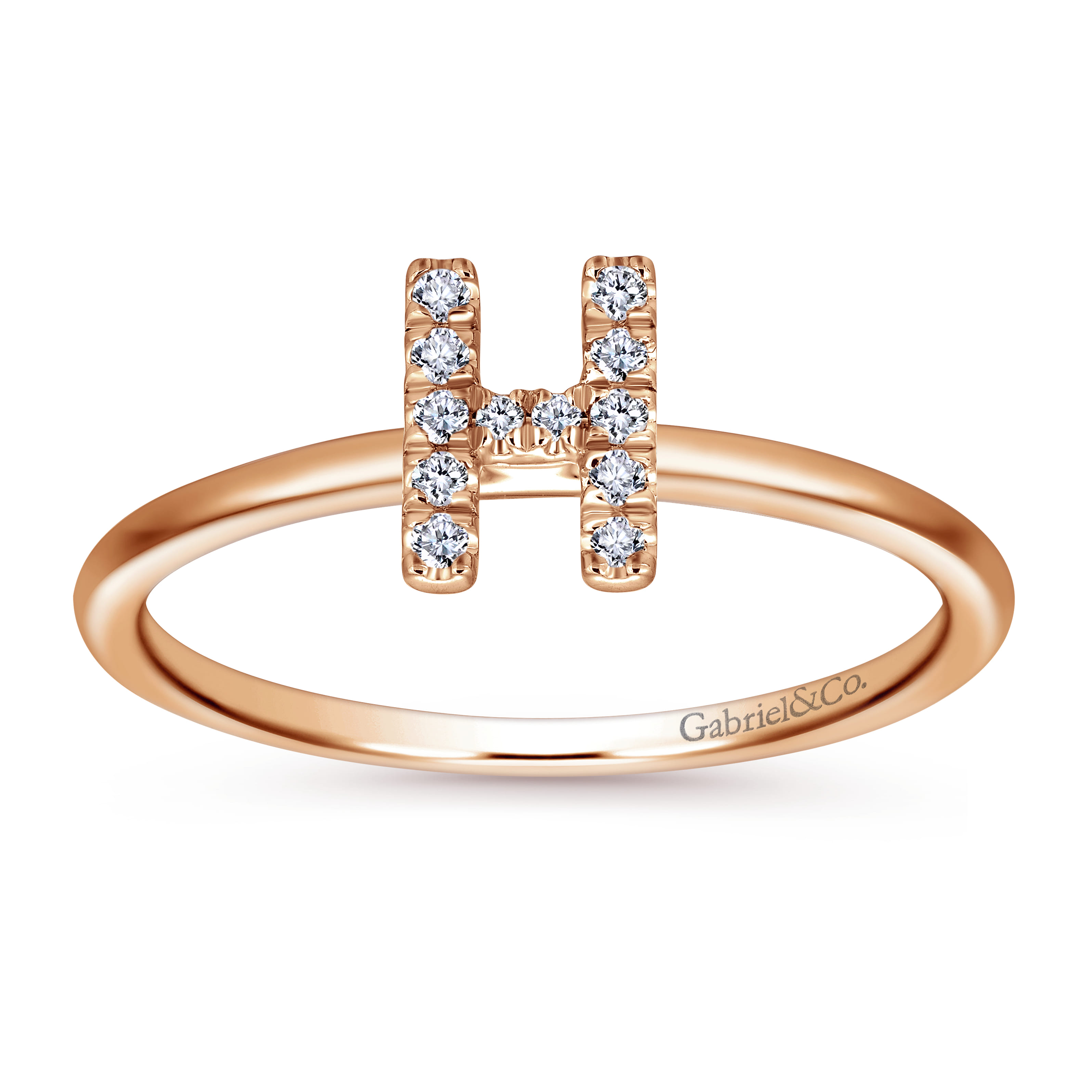 14K Rose Gold Pave Diamond Uppercase H Initial Ring - 0.07 ct - Shot 4