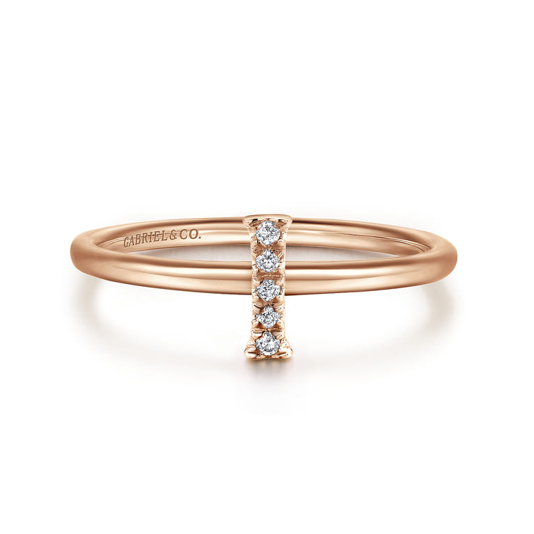 14K Rose Gold Pave Diamond Uppercase I Initial Ring - 0.03 ct - Shot 1