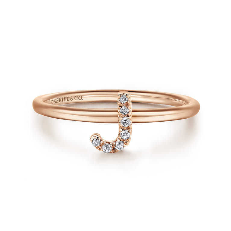 14K Rose Gold Pave Diamond Uppercase J Initial Ring - 0.04 ct - Shot 1