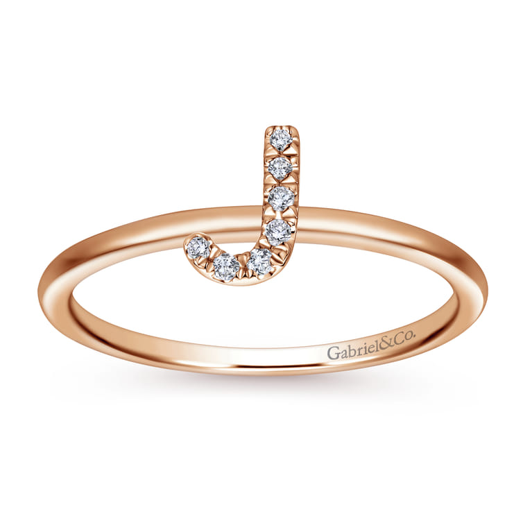 14K Rose Gold Pave Diamond Uppercase J Initial Ring - 0.04 ct - Shot 4