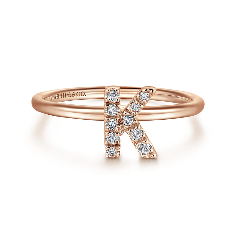 14K Rose Gold Pave Diamond Uppercase K Initial Ring - 0.05 ct - Shot 1