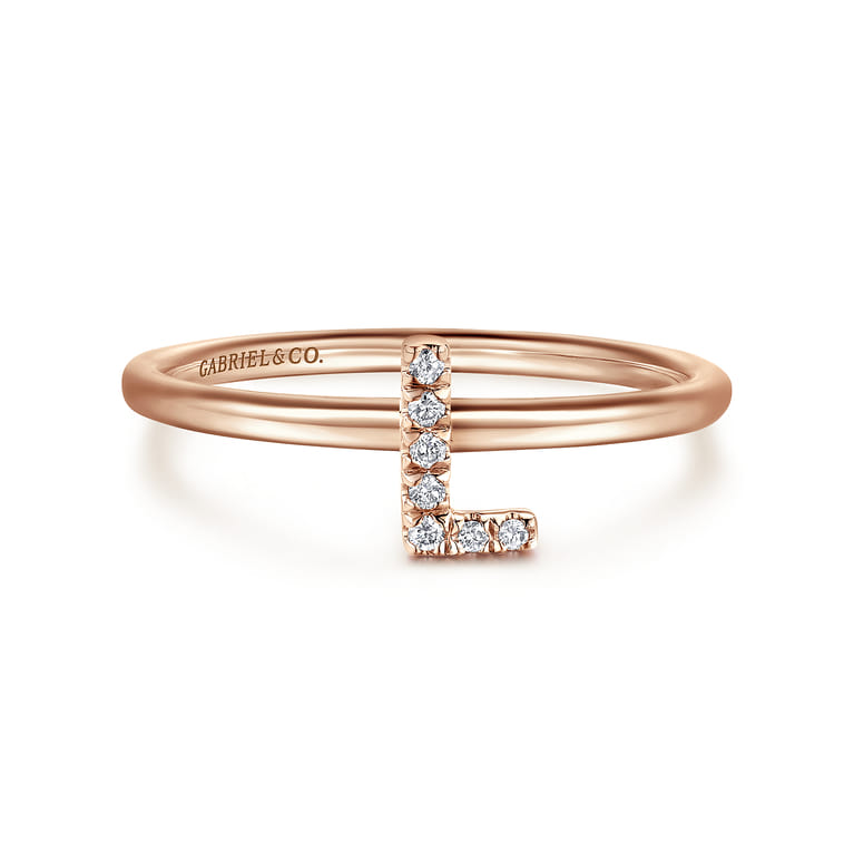 14K Rose Gold Pave Diamond Uppercase L Initial Ring - 0.04 ct - Shot 1