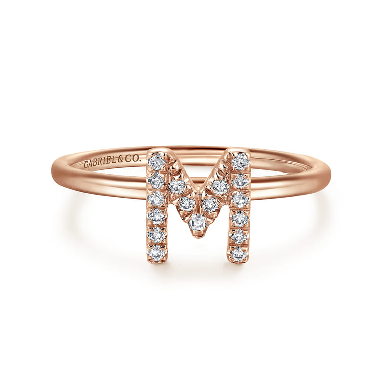 14K Rose Gold Pave Diamond Uppercase M Initial Ring - 0.07 ct - Shot 1