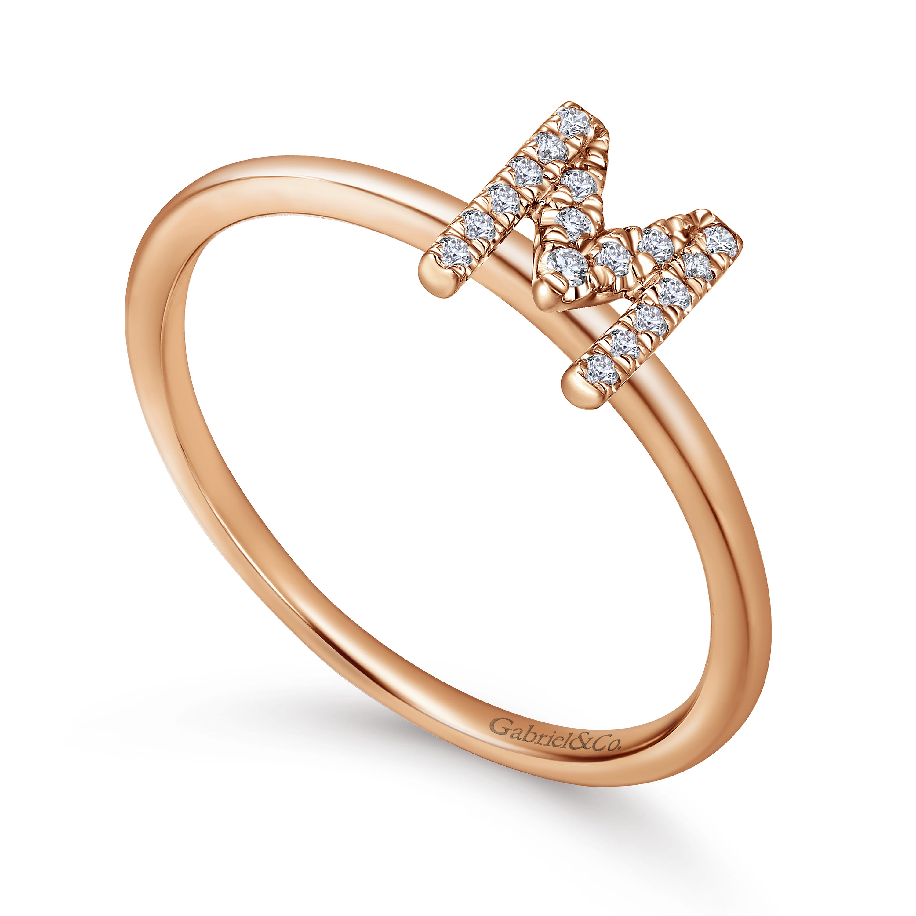 14K Rose Gold Pave Diamond Uppercase M Initial Ring - 0.07 ct - Shot 3