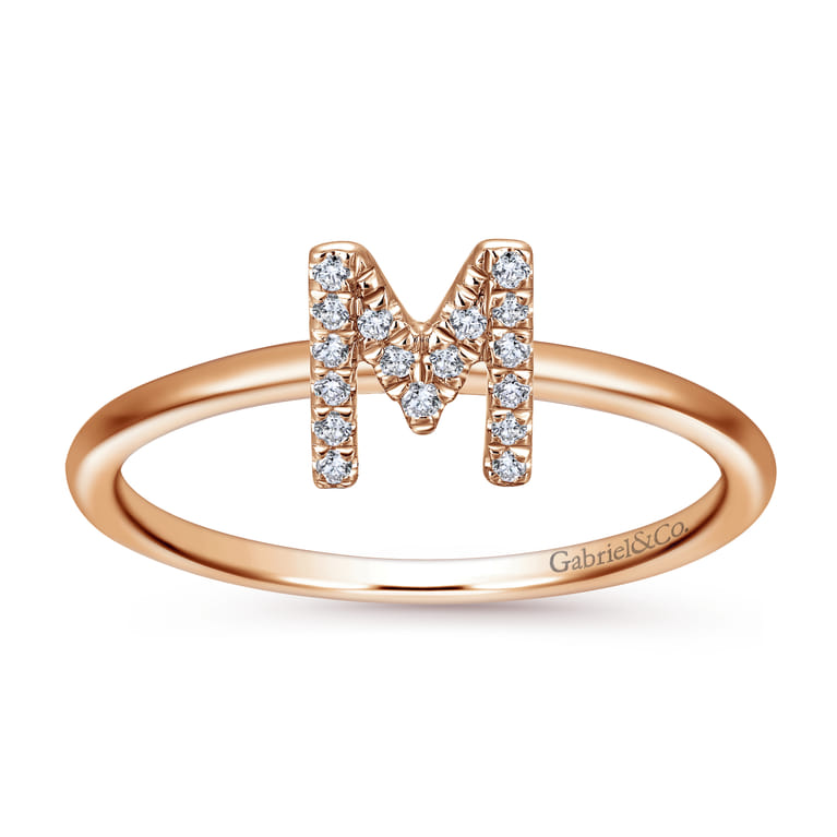14K Rose Gold Pave Diamond Uppercase M Initial Ring - 0.07 ct - Shot 4