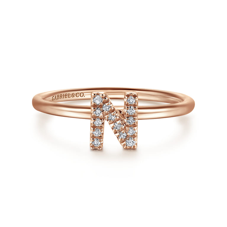 14K Rose Gold Pave Diamond Uppercase N Initial Ring - 0.06 ct - Shot 1