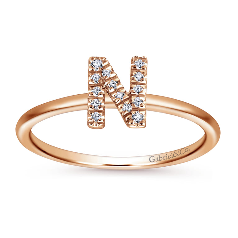 14K Rose Gold Pave Diamond Uppercase N Initial Ring - 0.06 ct - Shot 4