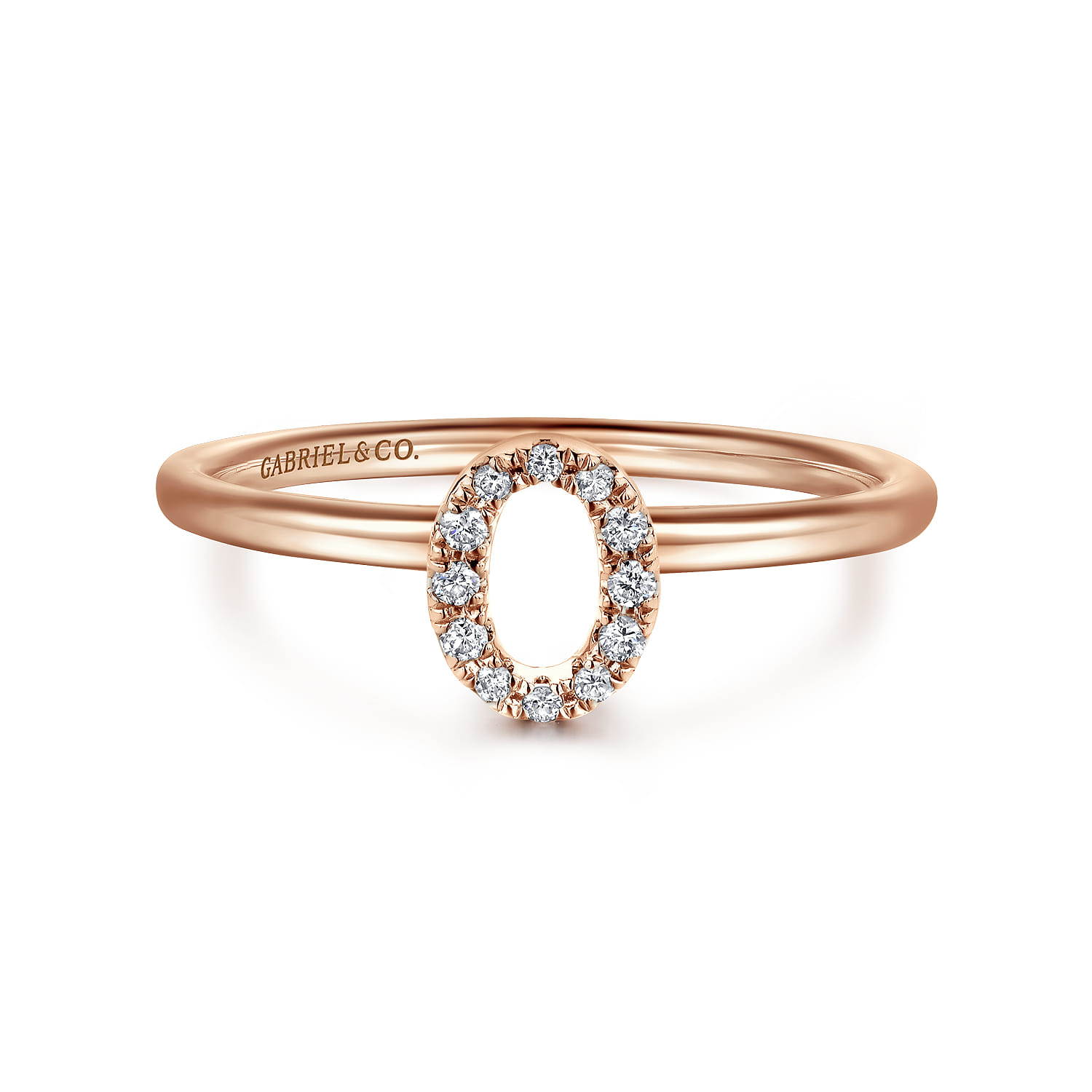 14K Rose Gold Pave Diamond Uppercase O Initial Ring - 0.06 ct - Shot 1