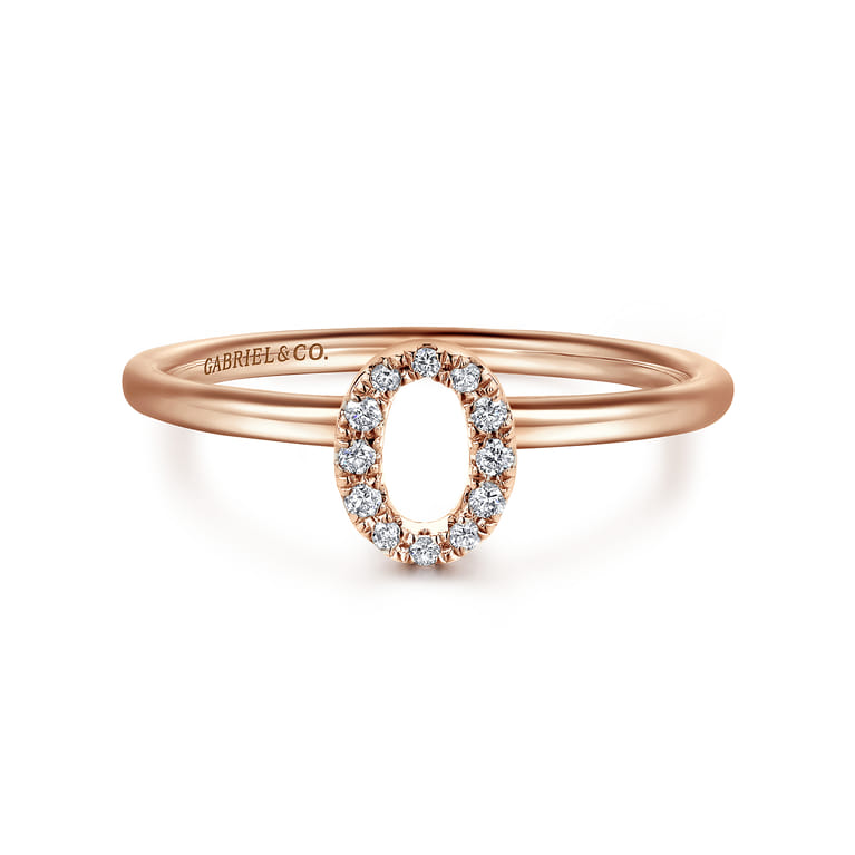 14K Rose Gold Pave Diamond Uppercase O Initial Ring - 0.06 ct - Shot 1