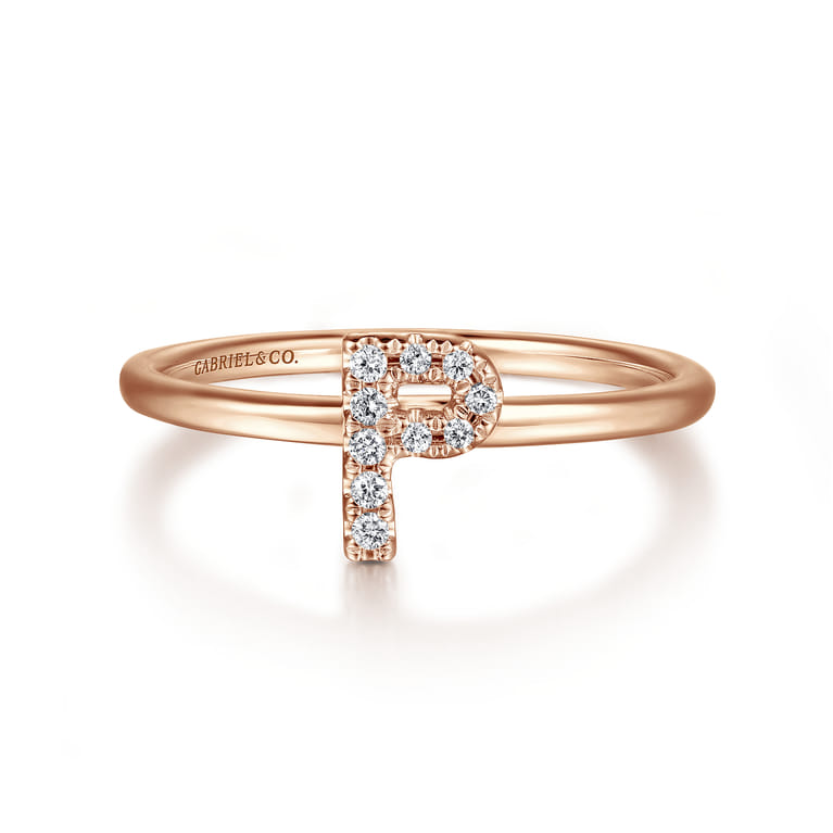 14K Rose Gold Pave Diamond Uppercase P Initial Ring - 0.05 ct - Shot 1