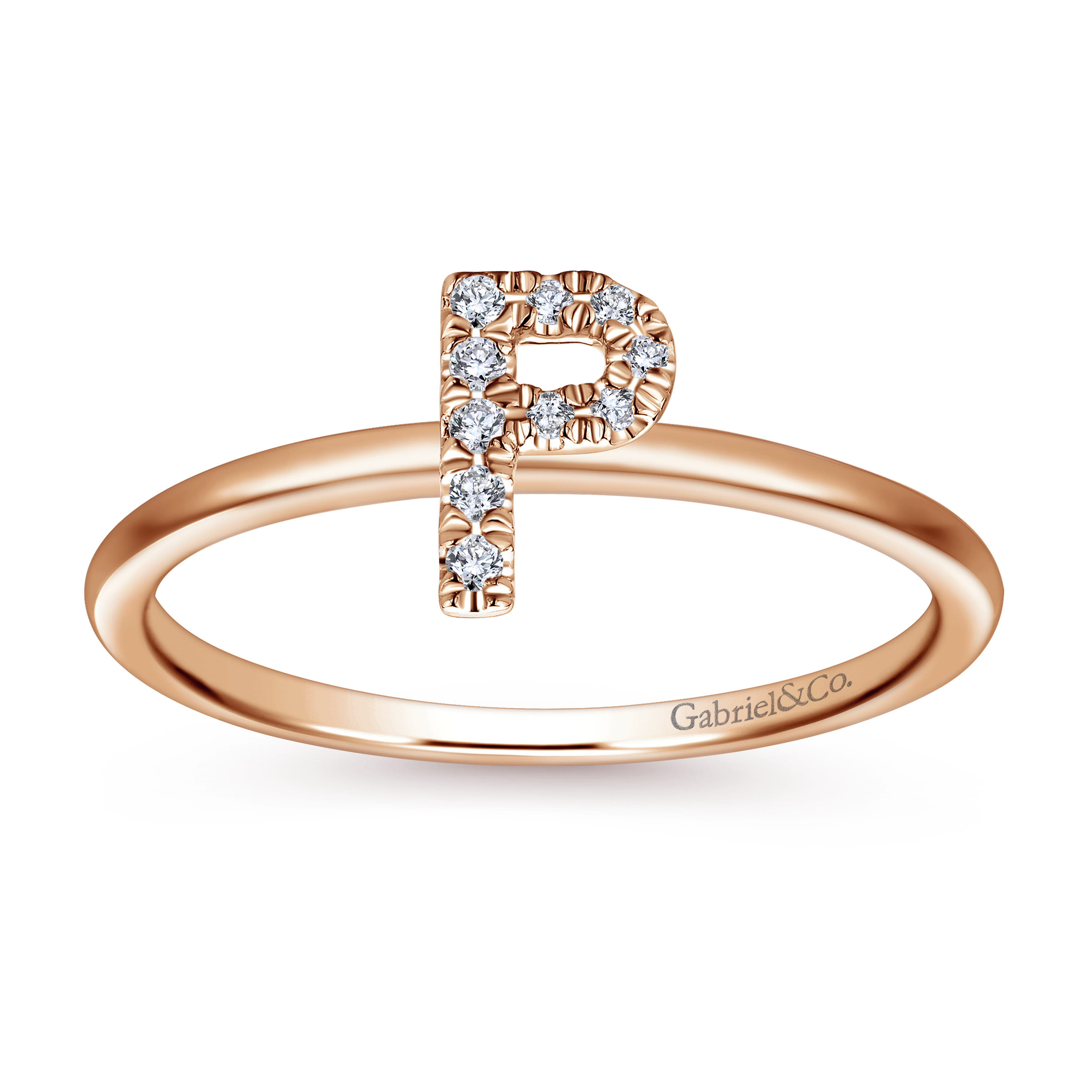 14K Rose Gold Pave Diamond Uppercase P Initial Ring - 0.05 ct - Shot 4