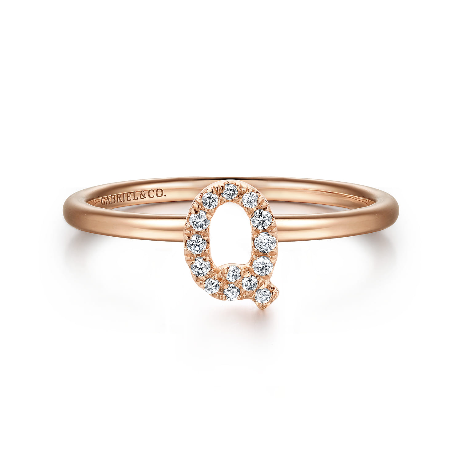 14K Rose Gold Pave Diamond Uppercase Q Initial Ring - 0.07 ct - Shot 1