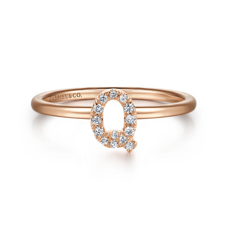 14K Rose Gold Pave Diamond Uppercase Q Initial Ring - 0.07 ct - Shot 1