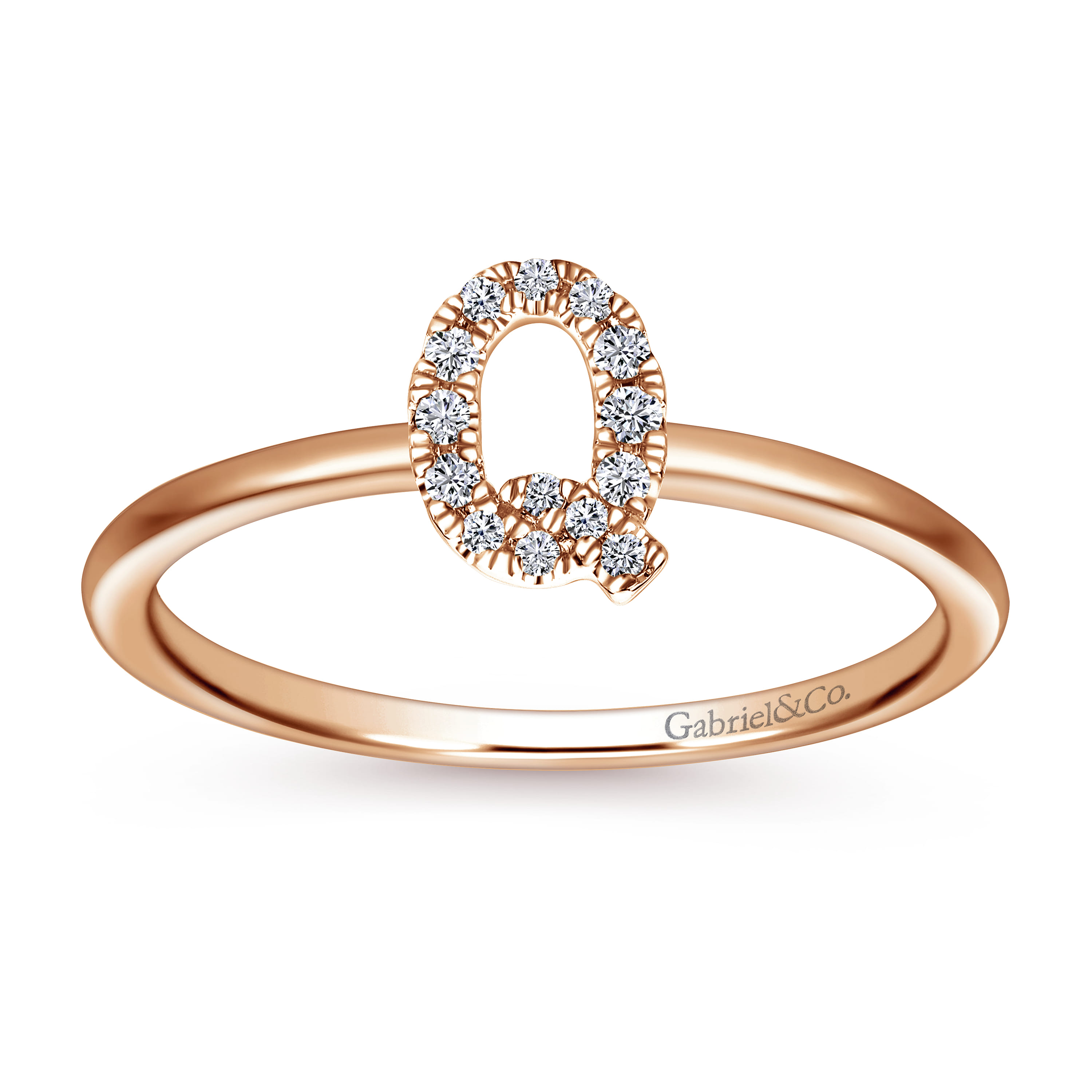 14K Rose Gold Pave Diamond Uppercase Q Initial Ring - 0.07 ct - Shot 4