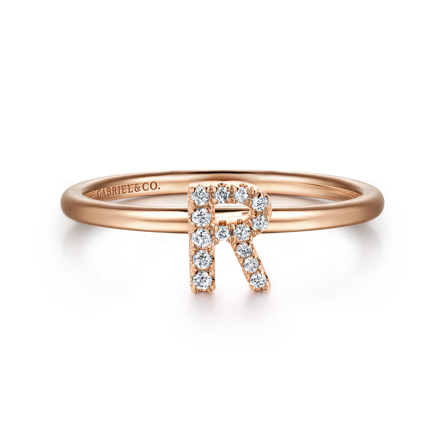 14K Rose Gold Pave Diamond Uppercase R Initial Ring - 0.06 ct - Shot 1