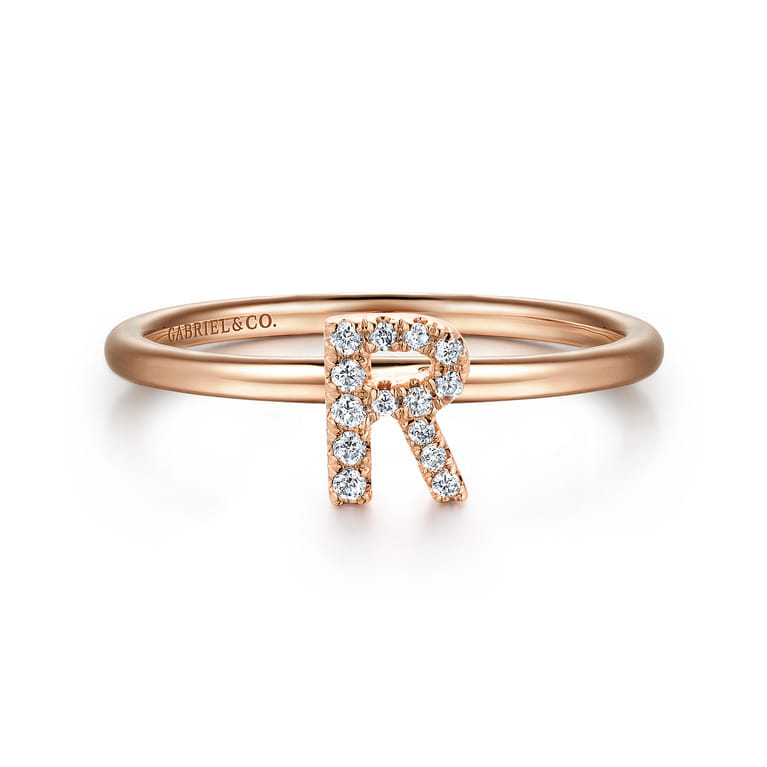 14K Rose Gold Pave Diamond Uppercase R Initial Ring - 0.06 ct - Shot 1