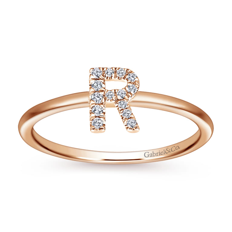 14K Rose Gold Pave Diamond Uppercase R Initial Ring - 0.06 ct - Shot 4