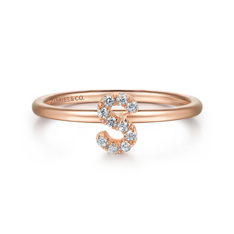14K Rose Gold Pave Diamond Uppercase S Initial Ring - 0.07 ct - Shot 1