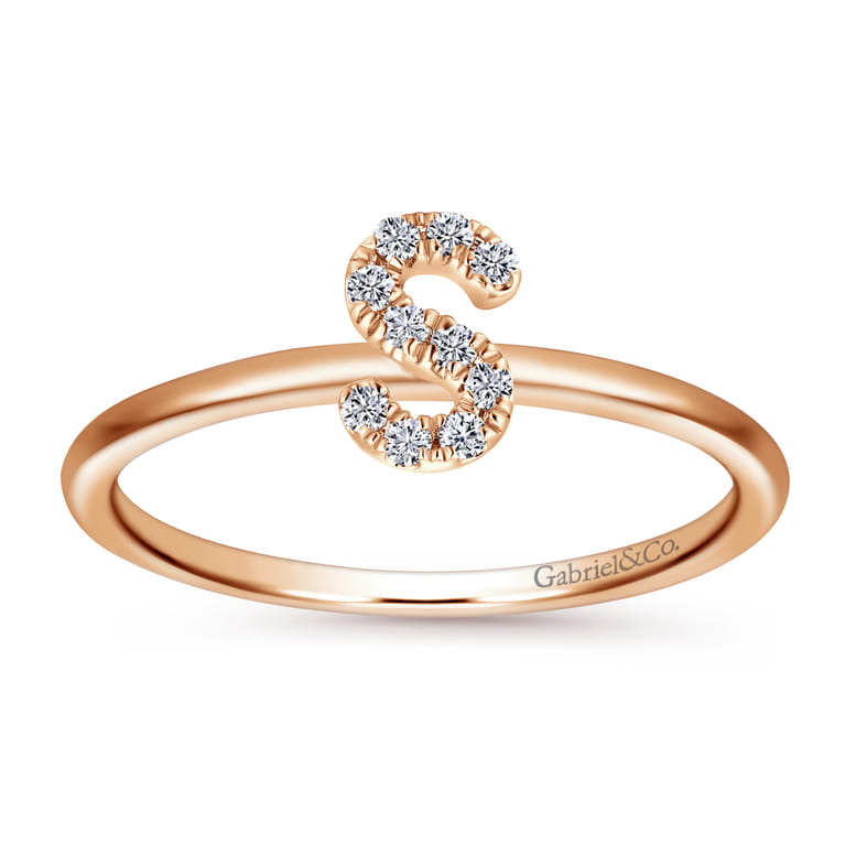 14K Rose Gold Pave Diamond Uppercase S Initial Ring - 0.07 ct - Shot 4