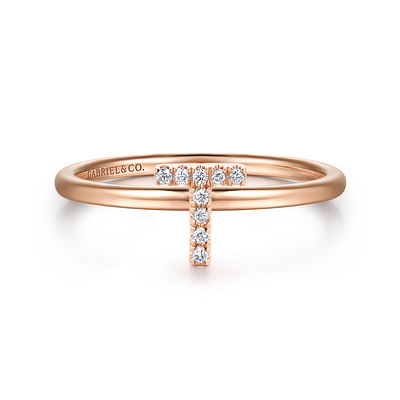 14K Rose Gold Pave Diamond Uppercase T Initial Ring