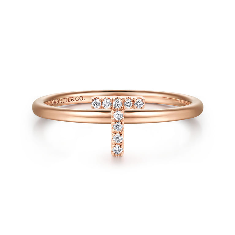14K Rose Gold Pave Diamond Uppercase T Initial Ring - 0.05 ct - Shot 1