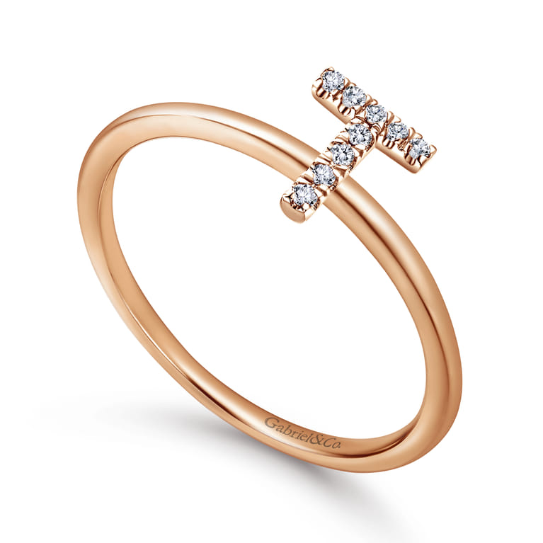 14K Rose Gold Pave Diamond Uppercase T Initial Ring - 0.05 ct - Shot 3