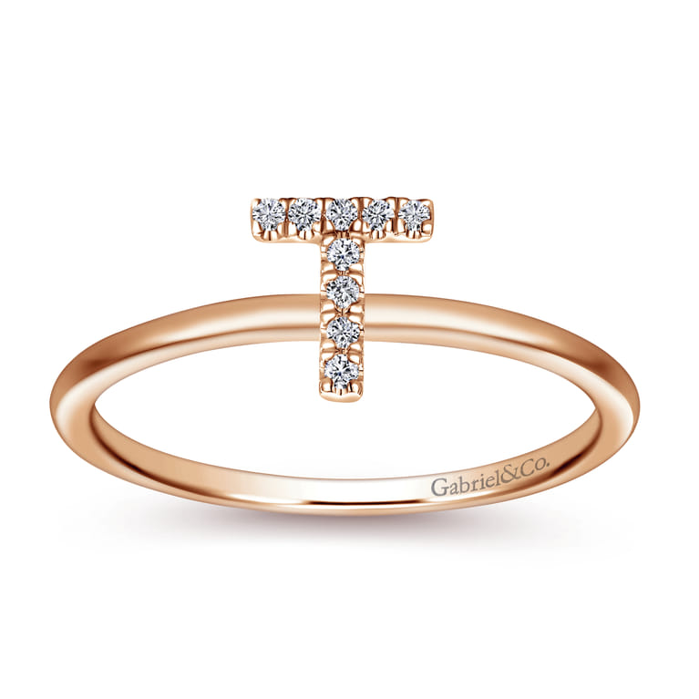 14K Rose Gold Pave Diamond Uppercase T Initial Ring - 0.05 ct - Shot 4