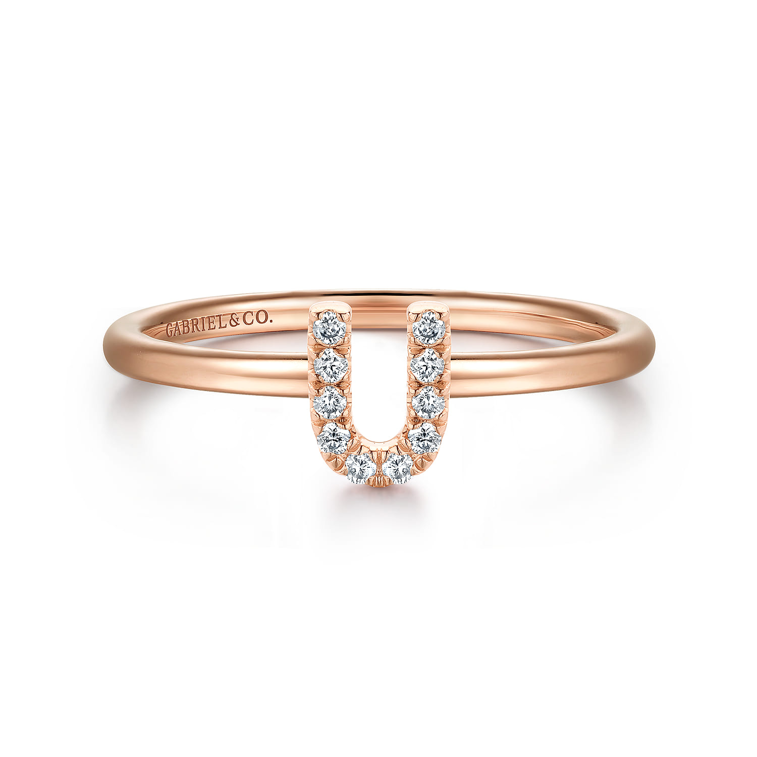 14K Rose Gold Pave Diamond Uppercase U Initial Ring - 0.06 ct - Shot 1