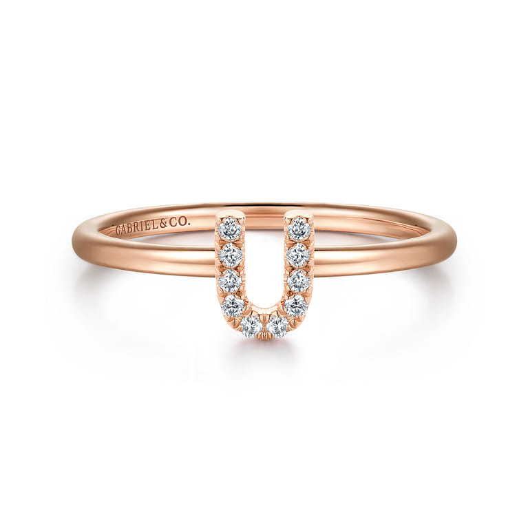 14K Rose Gold Pave Diamond Uppercase U Initial Ring - 0.06 ct - Shot 1