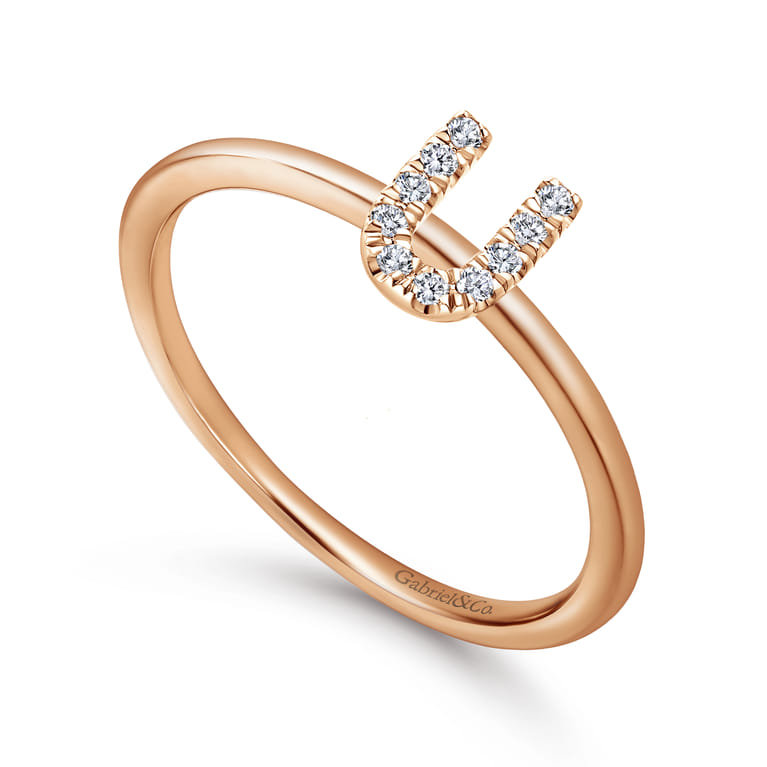 14K Rose Gold Pave Diamond Uppercase U Initial Ring - 0.06 ct - Shot 3