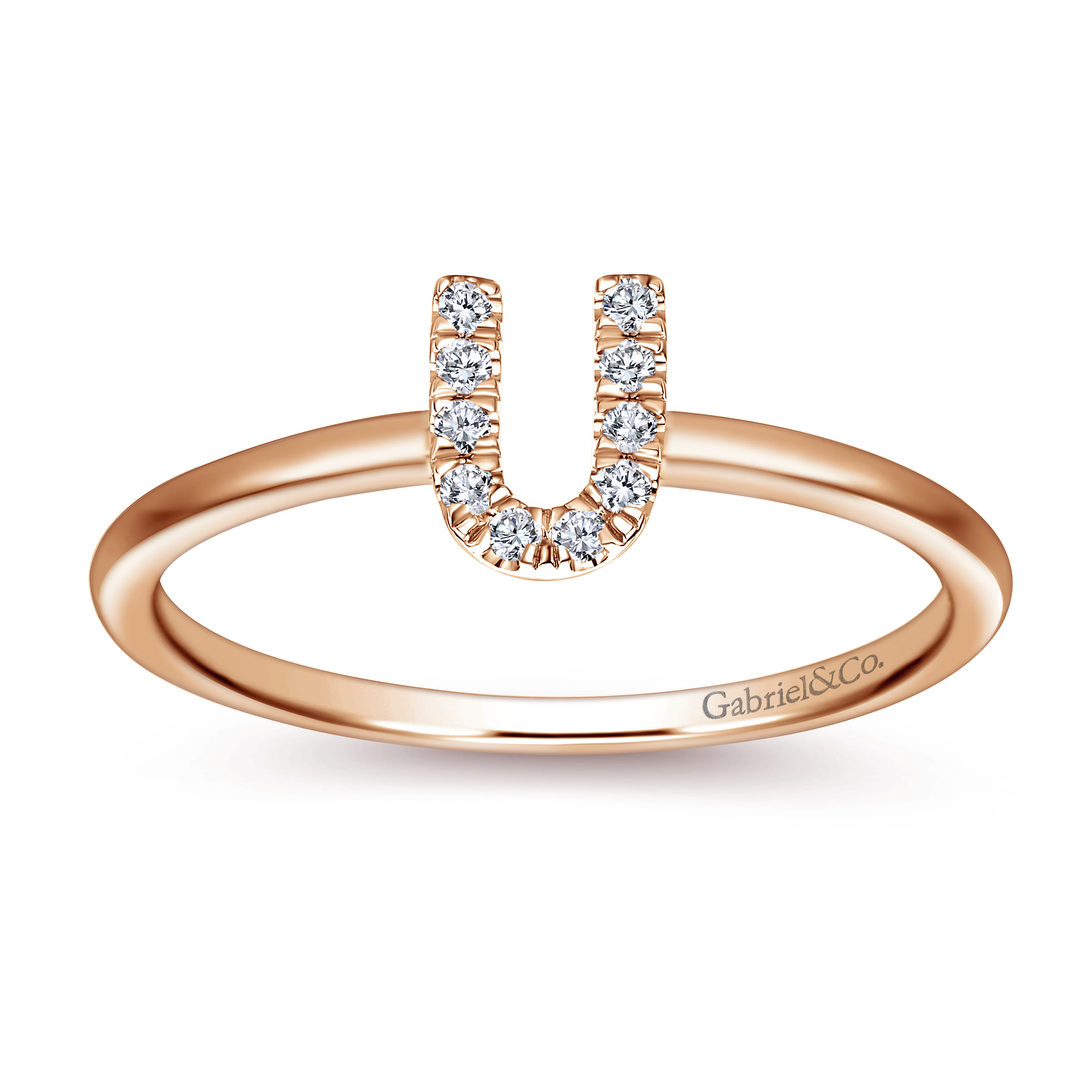 14K Rose Gold Pave Diamond Uppercase U Initial Ring - 0.06 ct - Shot 4