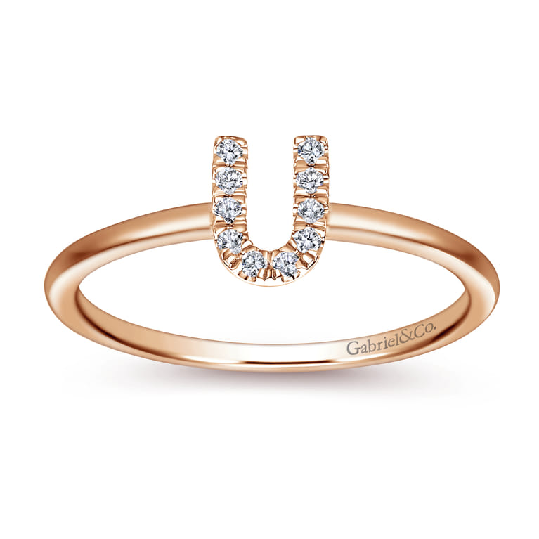 14K Rose Gold Pave Diamond Uppercase U Initial Ring - 0.06 ct - Shot 4