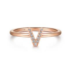 14K Rose Gold Pave Diamond Uppercase V Initial Ring