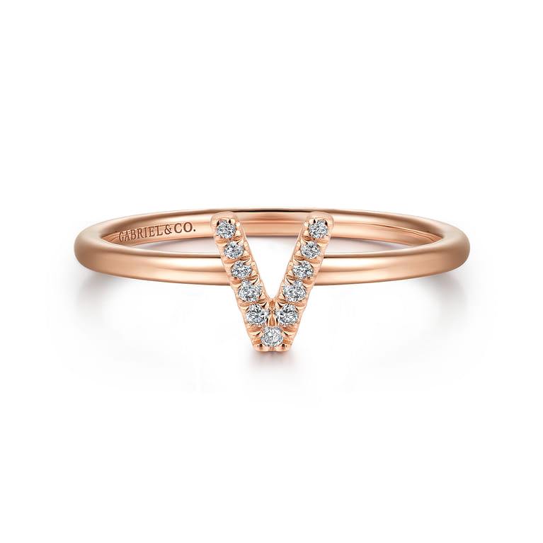14K Rose Gold Pave Diamond Uppercase V Initial Ring - 0.05 ct - Shot 1