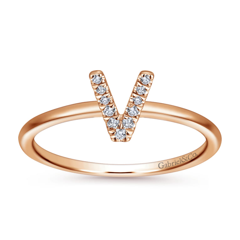 14K Rose Gold Pave Diamond Uppercase V Initial Ring - 0.05 ct - Shot 4