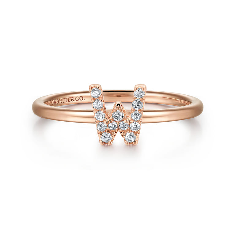 14K Rose Gold Pave Diamond Uppercase W Initial Ring - 0.08 ct - Shot 1