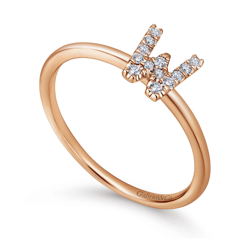 14K Rose Gold Pave Diamond Uppercase W Initial Ring - 0.08 ct - Shot 3