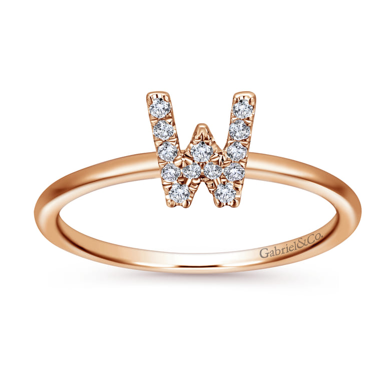 14K Rose Gold Pave Diamond Uppercase W Initial Ring - 0.08 ct - Shot 4