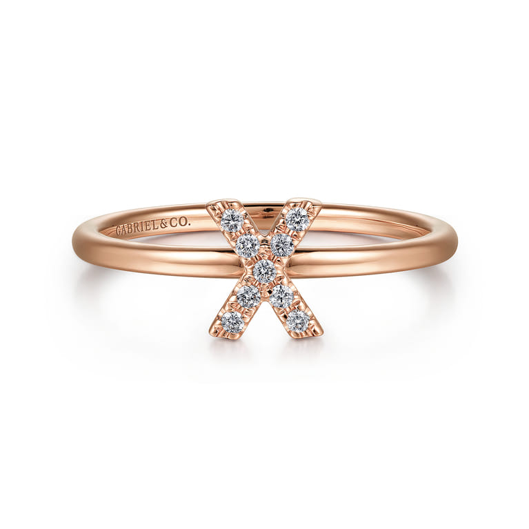 14K Rose Gold Pave Diamond Uppercase X Initial Ring - 0.06 ct - Shot 1