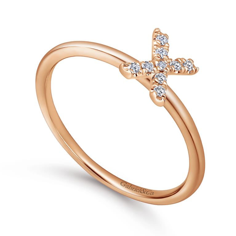 14K Rose Gold Pave Diamond Uppercase X Initial Ring - 0.06 ct - Shot 3
