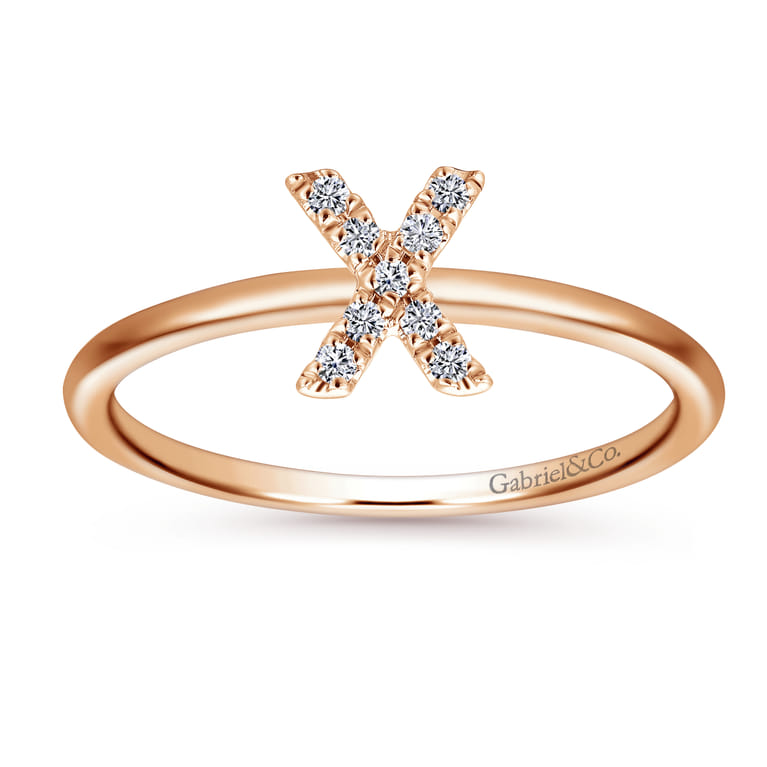 14K Rose Gold Pave Diamond Uppercase X Initial Ring - 0.06 ct - Shot 4